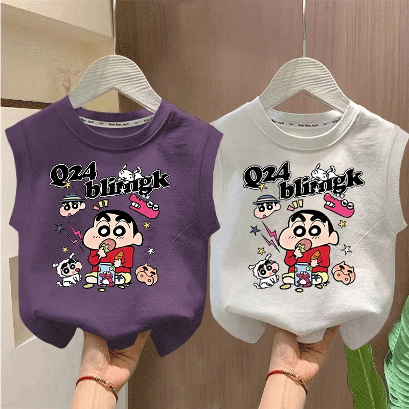 儿童纯棉无袖背心夏季新款男女童蜡笔小新外穿上衣卡通洋气宝宝棉