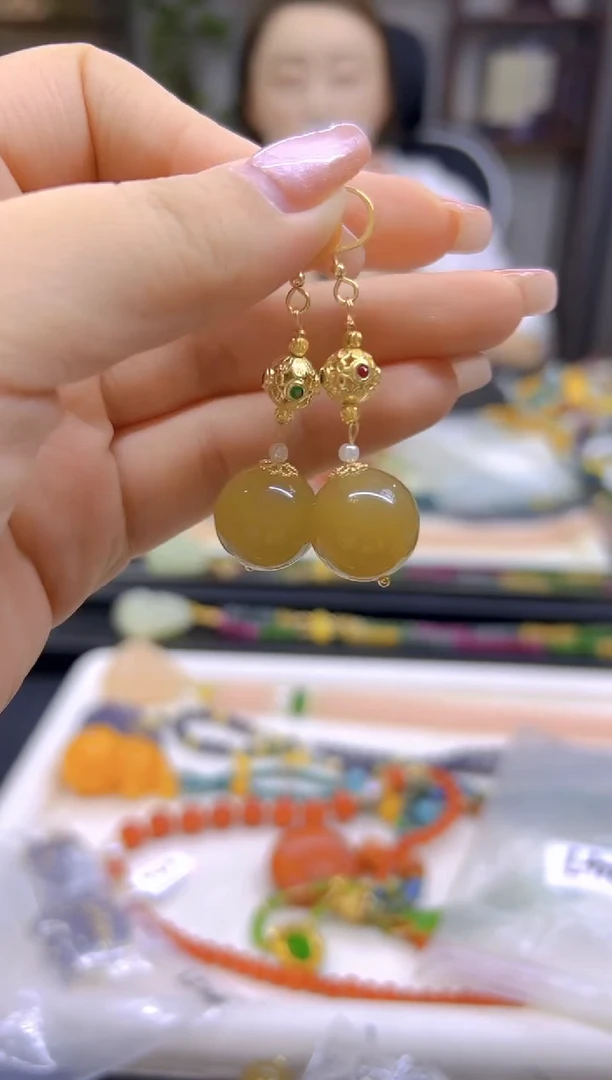 和田玉（糖玉）14K金镶嵌耳饰DIY款E247