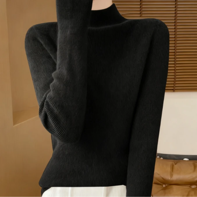 女士100%绵羊毛高领抽条羊毛衫