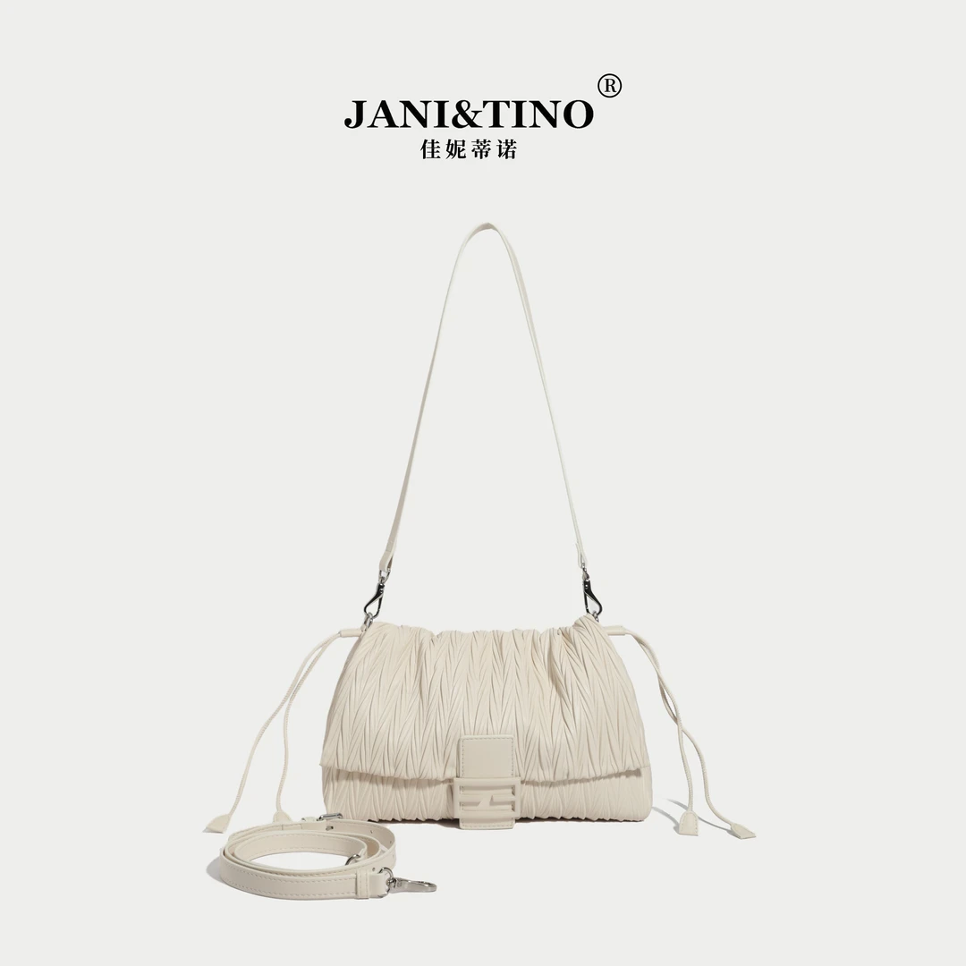 JANITINO/佳妮蒂诺新款时尚休闲女士小众斜跨单肩包3996压皱白