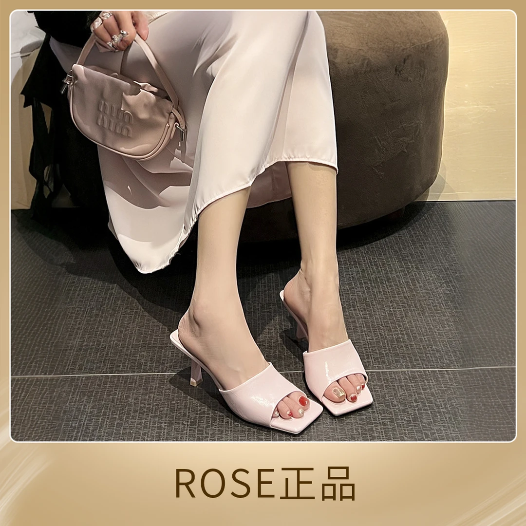 【ROSE正品】7CM简约方头一字带拖鞋女2025夏季外穿气质高跟凉拖鞋