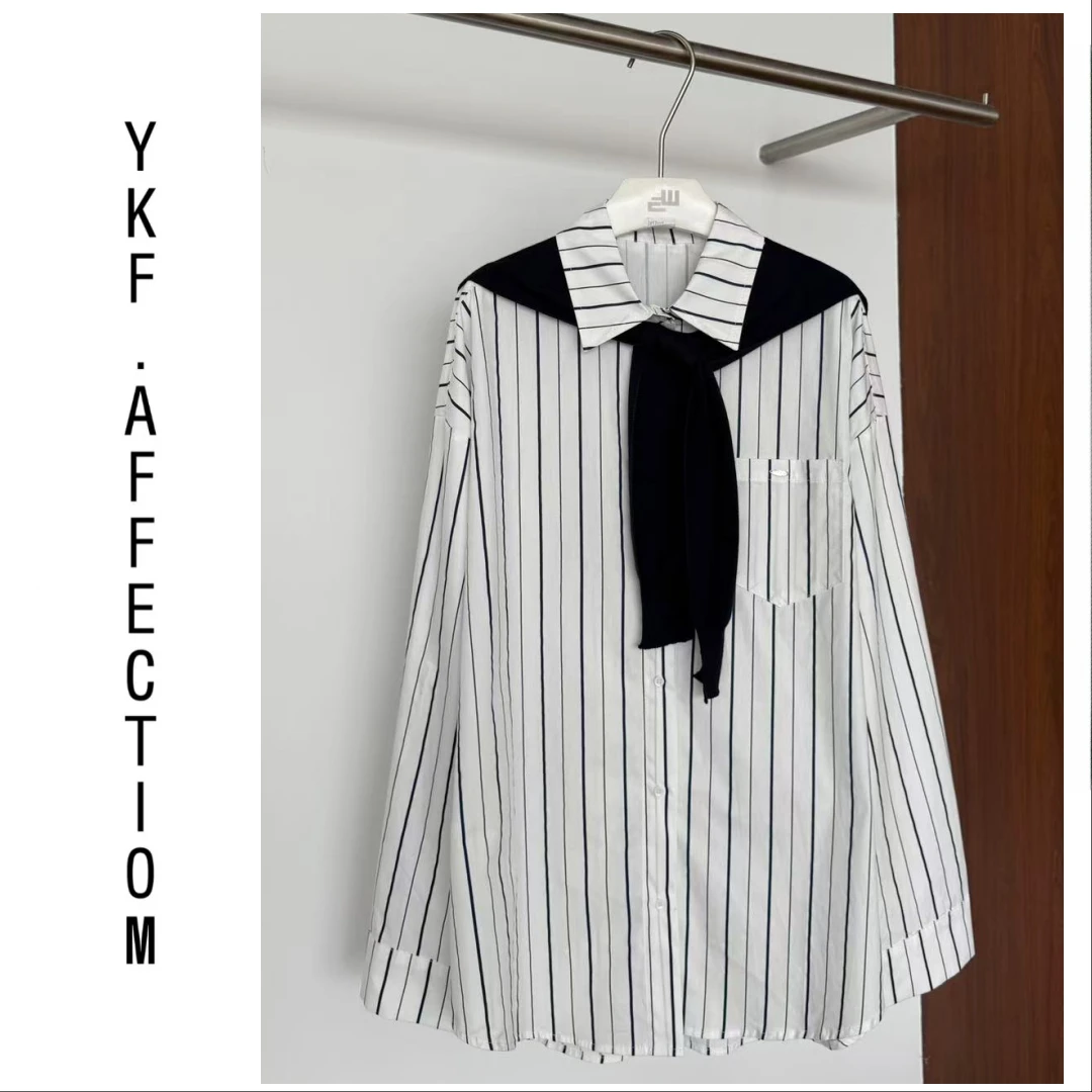 韩版百搭宽松遮肉显瘦极简经典条纹衬衫带披肩22201