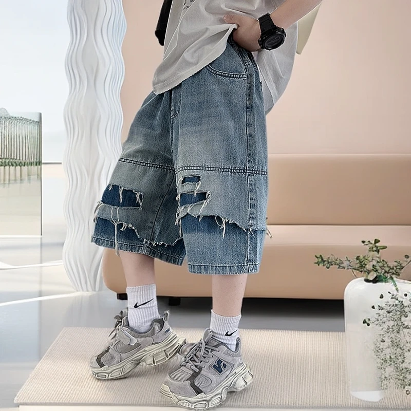 【刘刘妈】2025新款中大童牛仔短裤男孩韩版宽松潮流休闲百搭