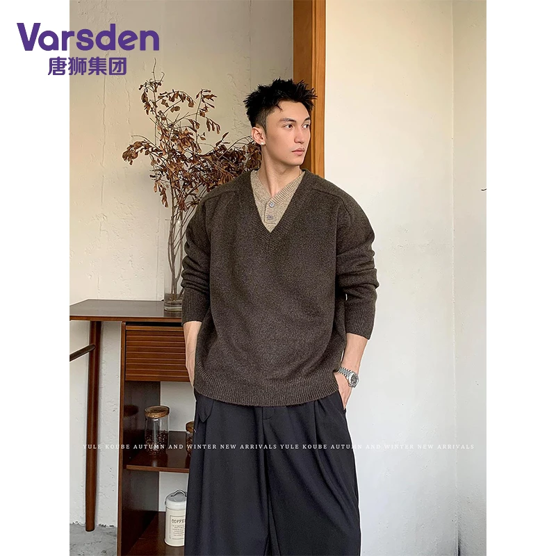 唐狮集团Varsden复古拼接V领针织衫男慵懒风羊毛套头毛衣