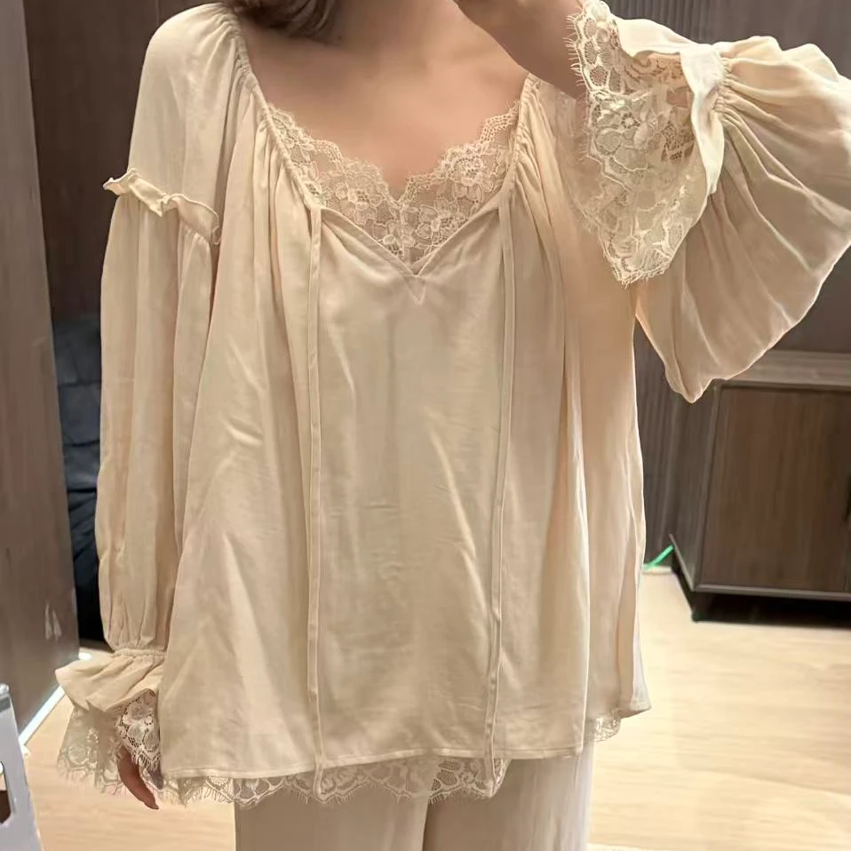 VINEEMAN家居服套装蕾丝舒适宽松睡衣夏季长袖时尚女士