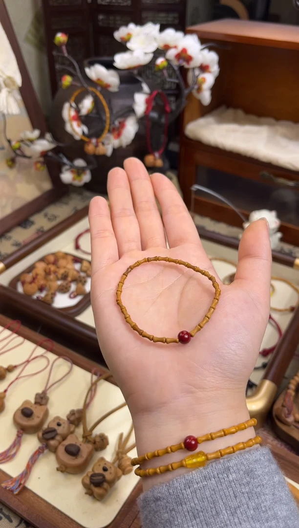 手串桃核【桃缘行】竹节「红色莎莎」桃木桃核辟、挡、驱、护 备注手围
