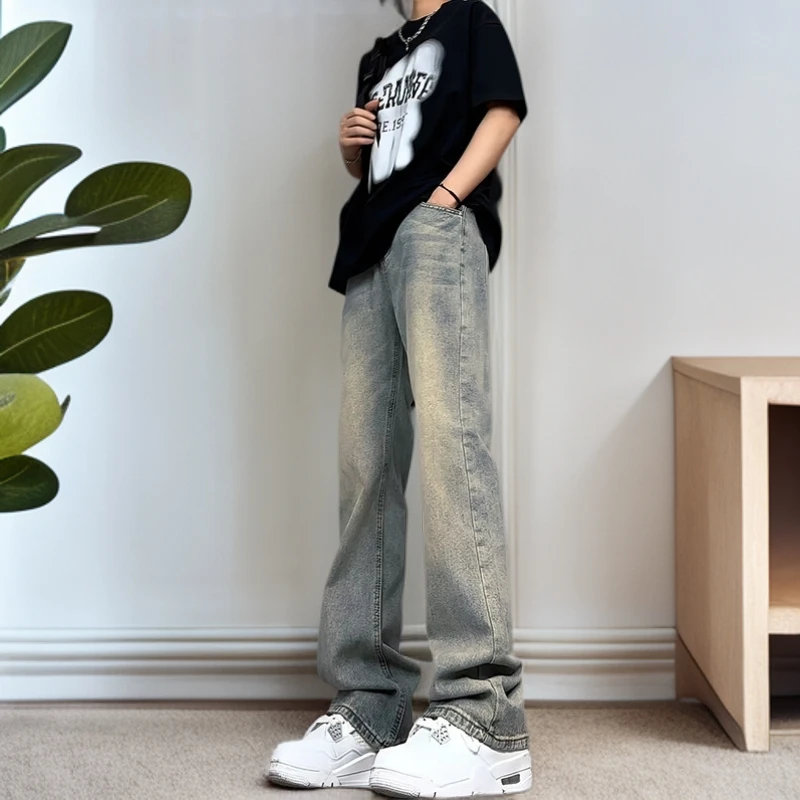 美式牛仔休闲长裤高街暗黑修身微喇复古宽松小众显瘦做旧男款痞帅