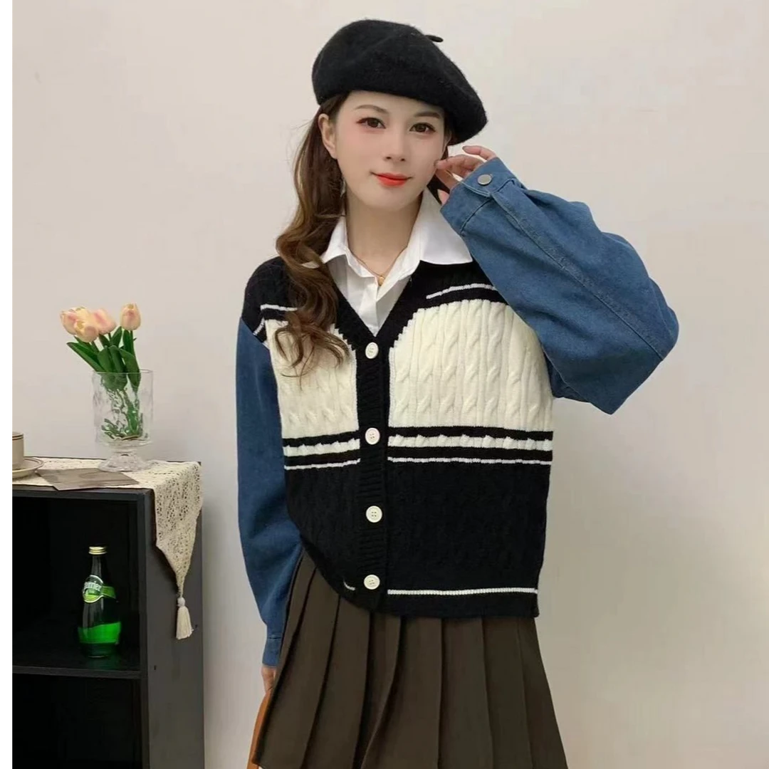 拼接宽松毛针织衫秋冬撞色开衫女装V领长袖设计感假两件条纹上衣