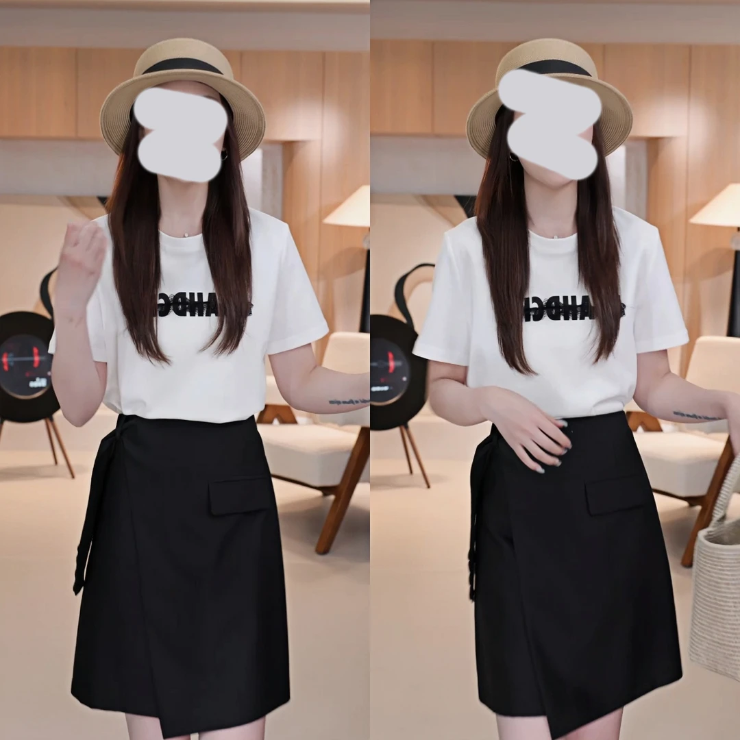 2025夏季新款拼接蕾丝字母短袖T恤+后松紧高腰短裙两件套套装