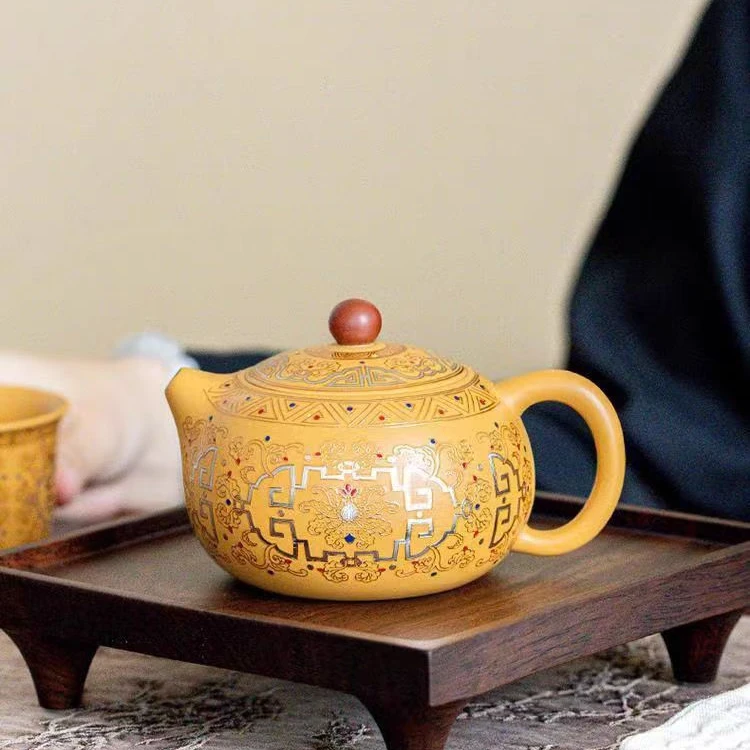 泡茶壶-黄段泥金银措凤鸣西施壶带三杯旅行茶具+黑胡桃木茶盘中式
