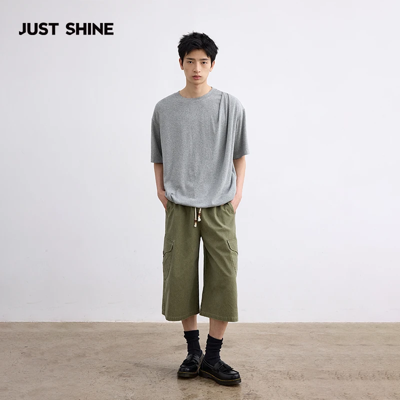 JUSTSHINE 100%棉阔腿七分裤梭织工装裤宽松直筒休闲裤五分中裤