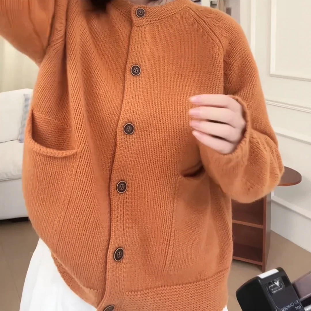 韩系厚款秋冬百搭微笑口袋针织长袖开衫C6306
