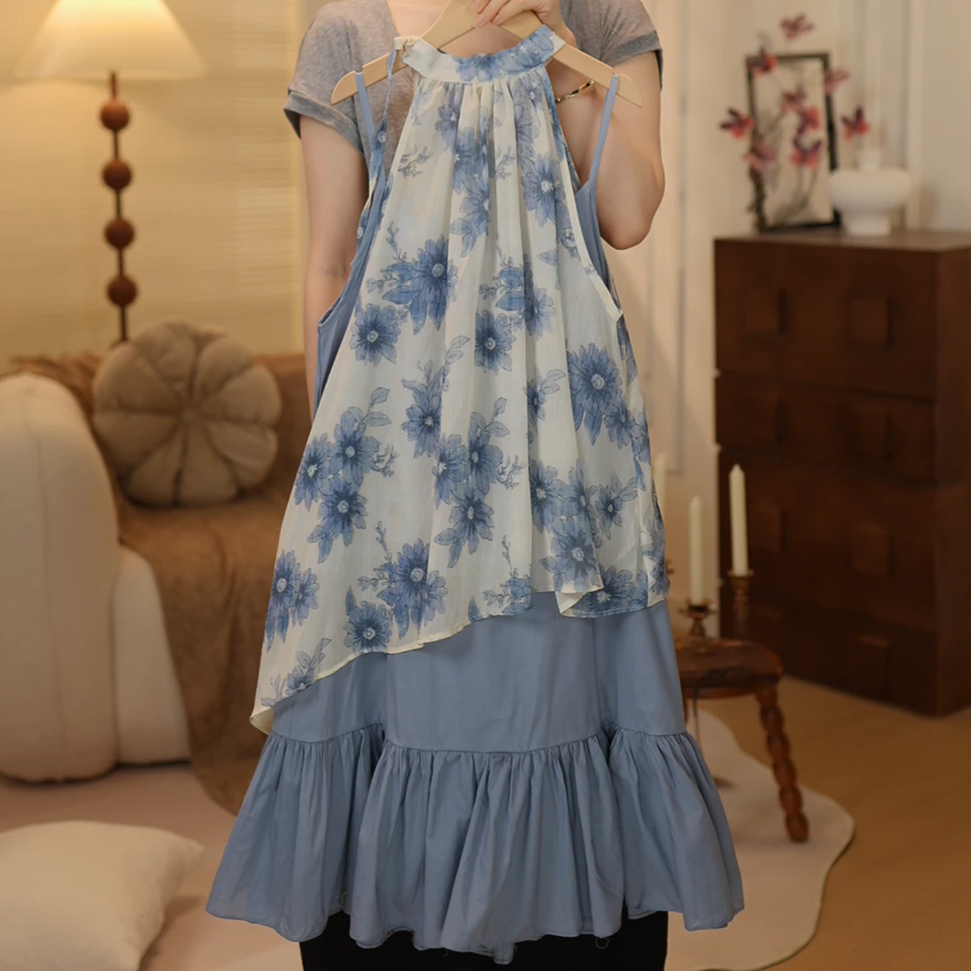 女大童夏装连衣裙洋气青少年初高中生国风公主裙无袖挂脖背心裙子