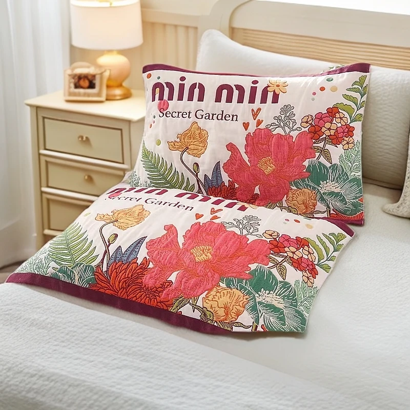 纯棉四层纱布加大家用印花成人三层学生枕巾枕头套枕套枕头巾