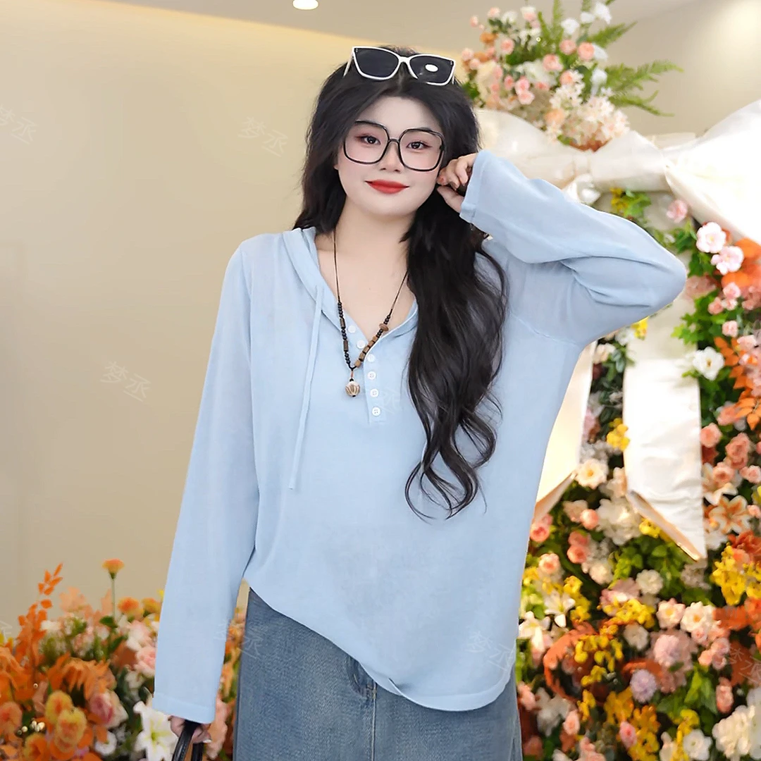 梦丞-胖妹妹春夏凉感连帽宽松百搭上衣女微胖时尚纯色长袖针织衫