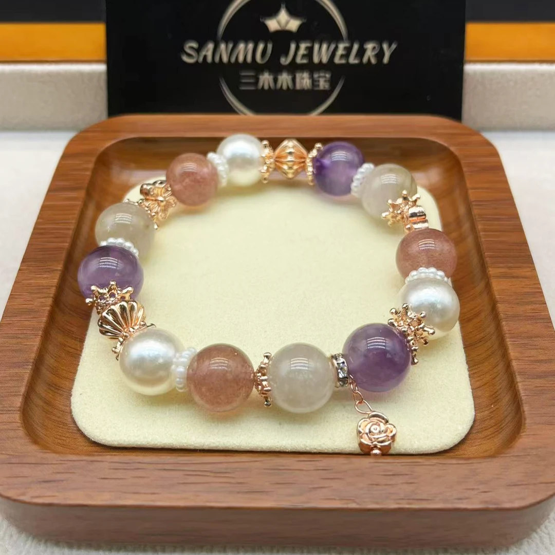 08天然水晶手串草莓晶紫水晶白水晶原创设计手链手作女生清新小仙