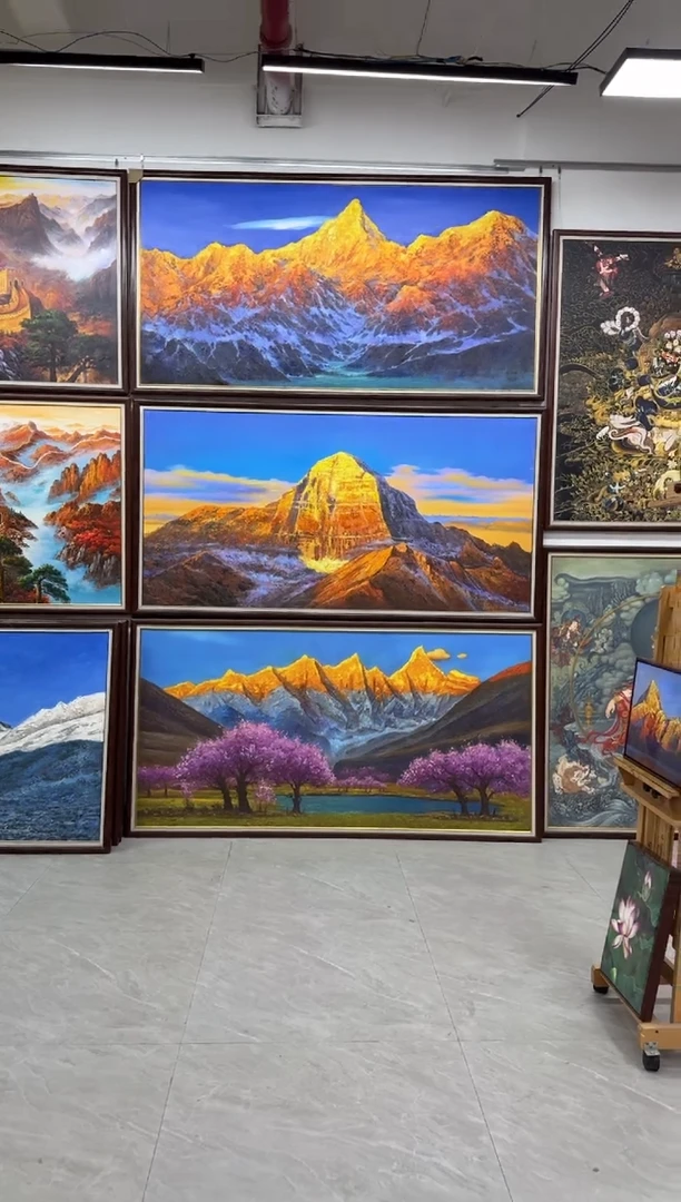 油画E**n张俊龙原创油画桃花雪山日照金山办公室背景版画挂画