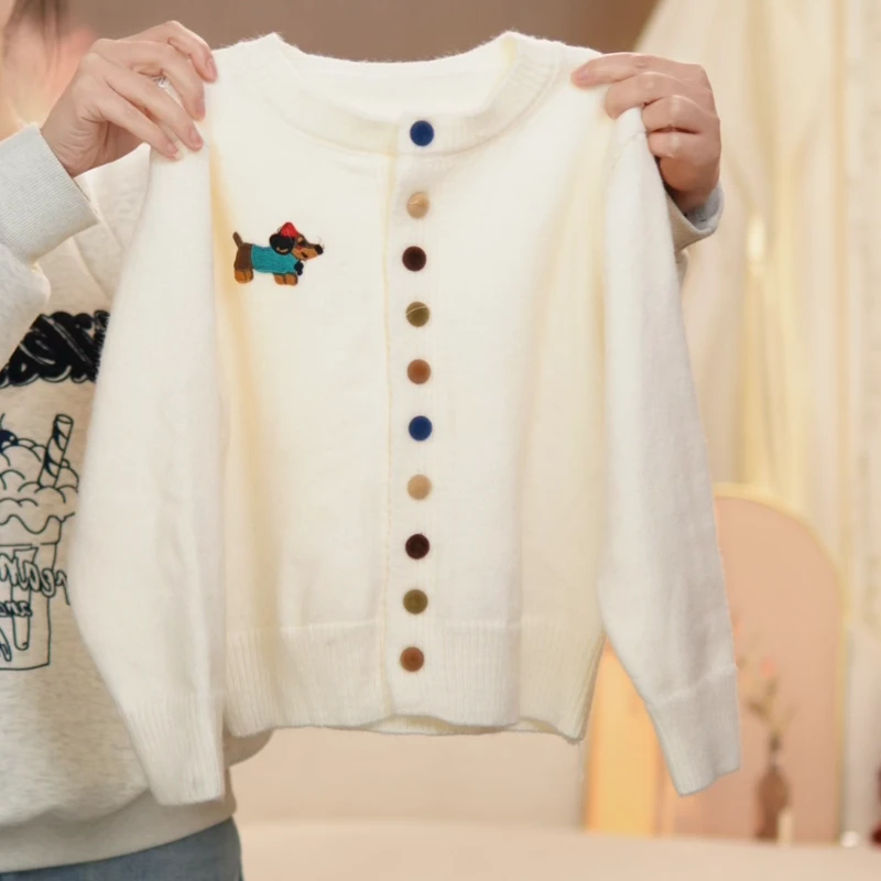 【白色小狗彩扣】女童2024冬季新款套头针织衫红色新年女童长袖开衫