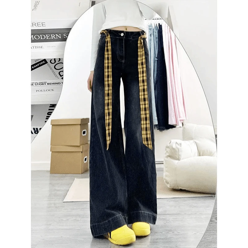 复古格子拼接阔腿牛仔裤女2025夏季设计感宽松显瘦小众直筒长裤子