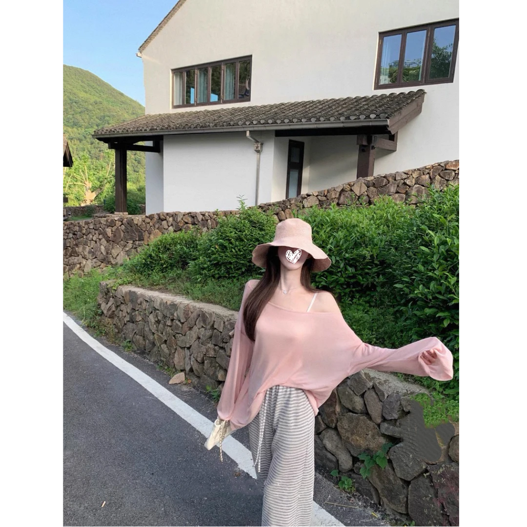 夏季慵懒氛围感宽松防晒长袖T恤+柔软条纹百搭休闲裤两件套装