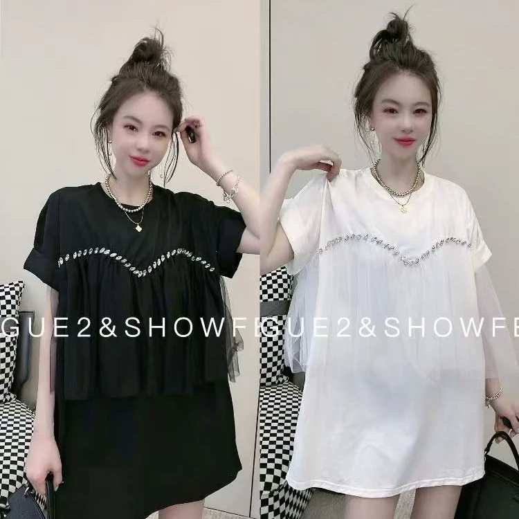 网纱拼接短袖t恤女夏季2025设计感小众重工上衣洋气漂亮小衫11951