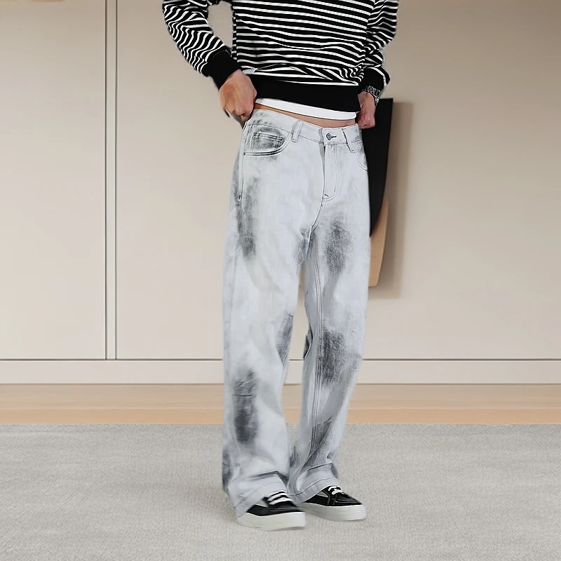 2025春季水洗新款牛仔裤男美式潮流宽松直筒抹古涂鸦个性潮流时尚