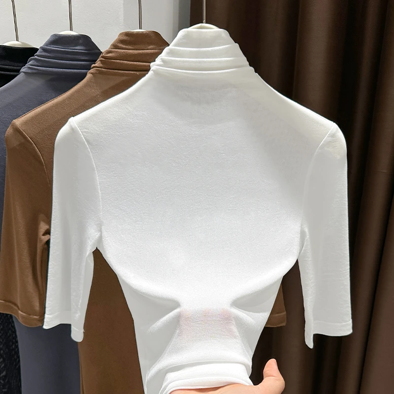 别致小众堆堆领中袖网纱打底衫上衣2025新款内搭透视蕾丝修身T恤