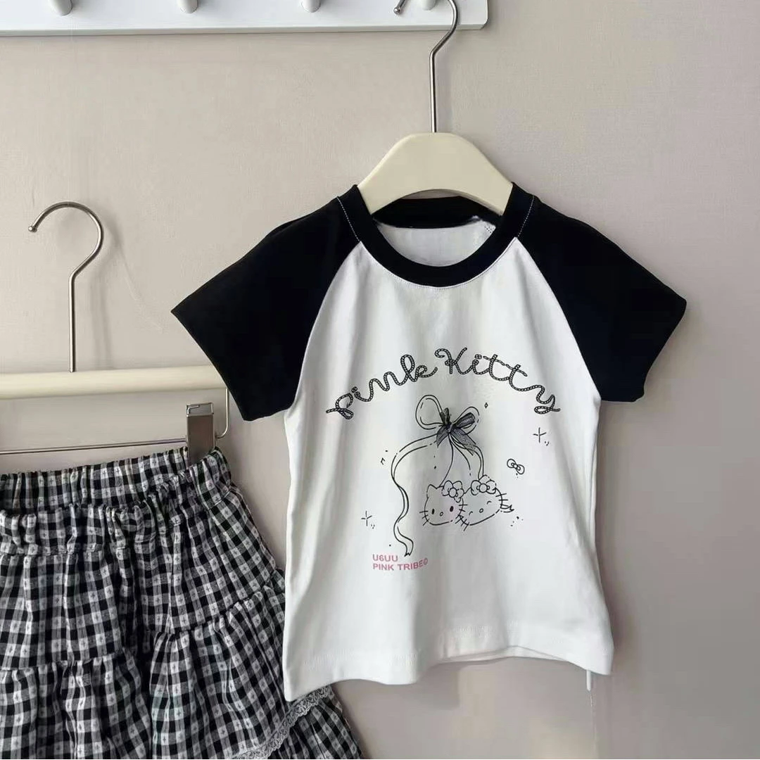 熙爱2025夏季新品中大女童甜酷风撞色KT蝴蝶结印花薄款T恤25607