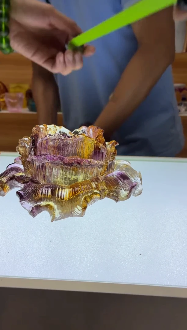 琉璃手工艺品17*8公分牡丹花琥紫色