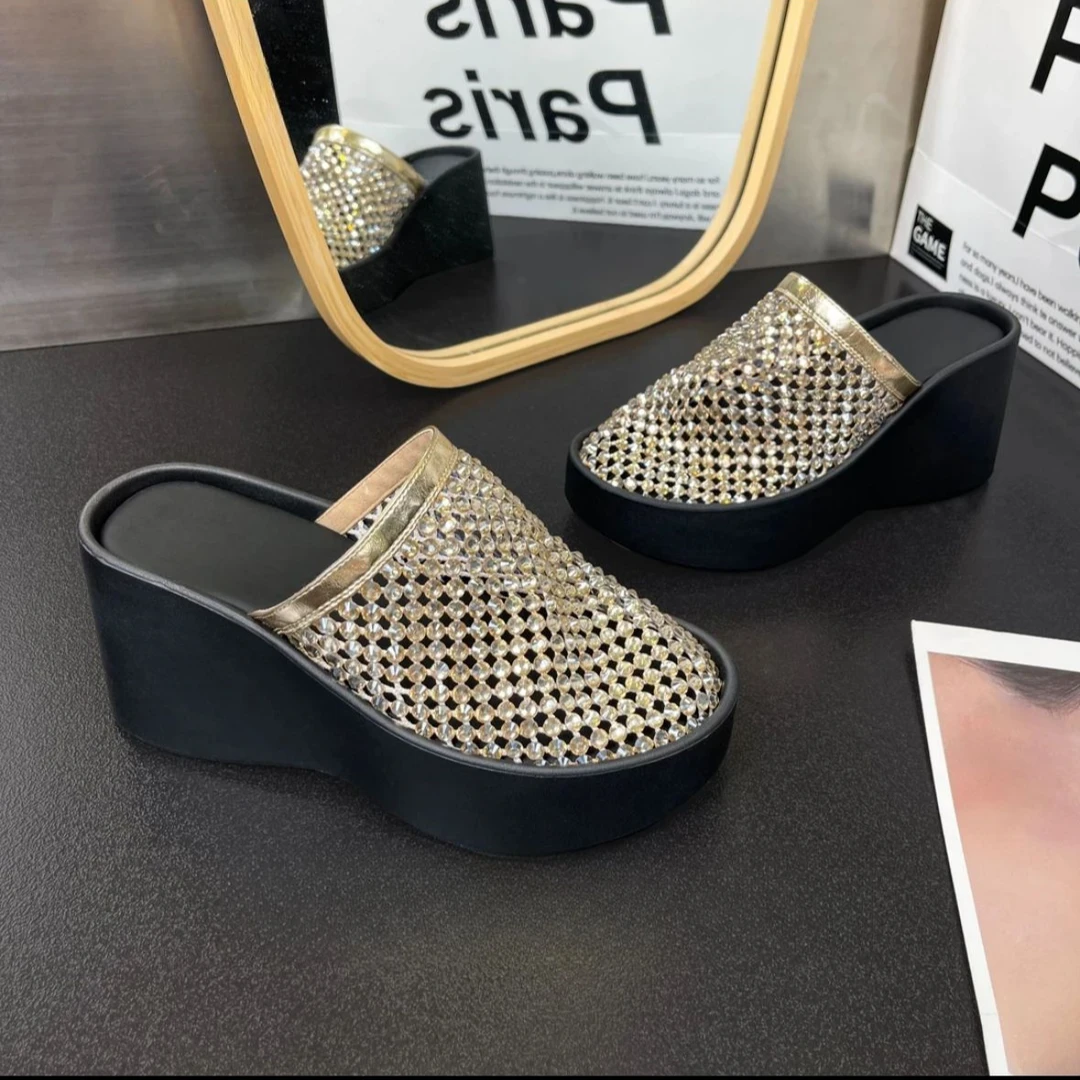 2025年春夏新款包头拖女厚底小众水钻半拖鞋一脚蹬潮拖 LS6666