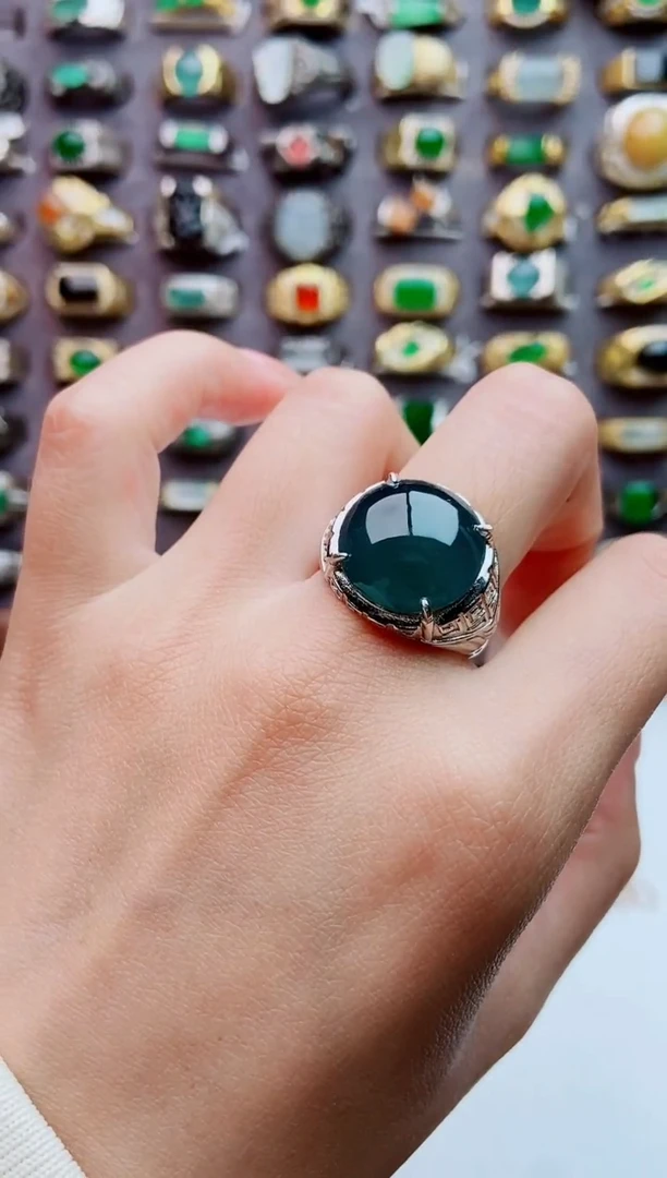 银S925镶嵌戒指翡翠天然翡翠男戒