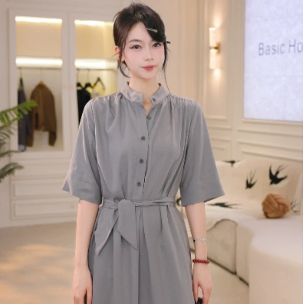 Basic House/百家好CSM夏季气质收腰连衣裙简约休闲纯色长裙-测