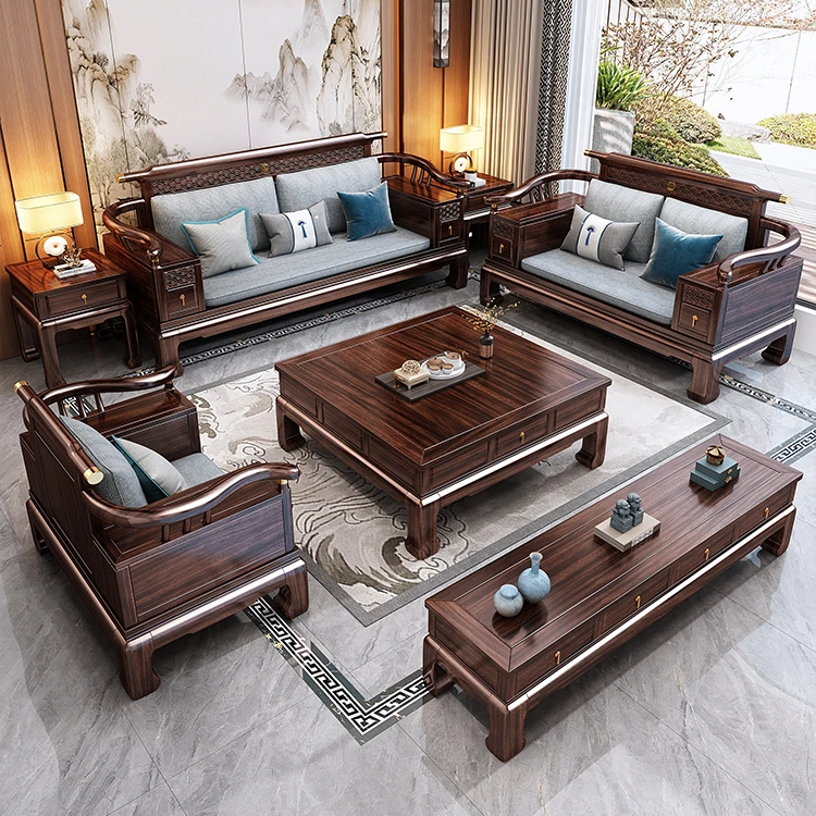 新中式实木沙发轻奢实木贵妃沙发高脚客厅别墅家用实木家具成套