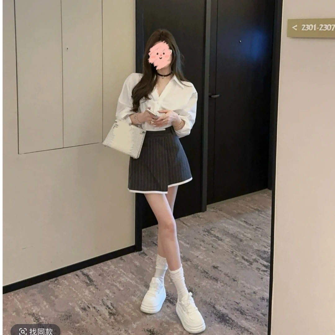 法式时尚套装2025春季新款蕾丝边白色衬衫+竖条不规则西装半裙