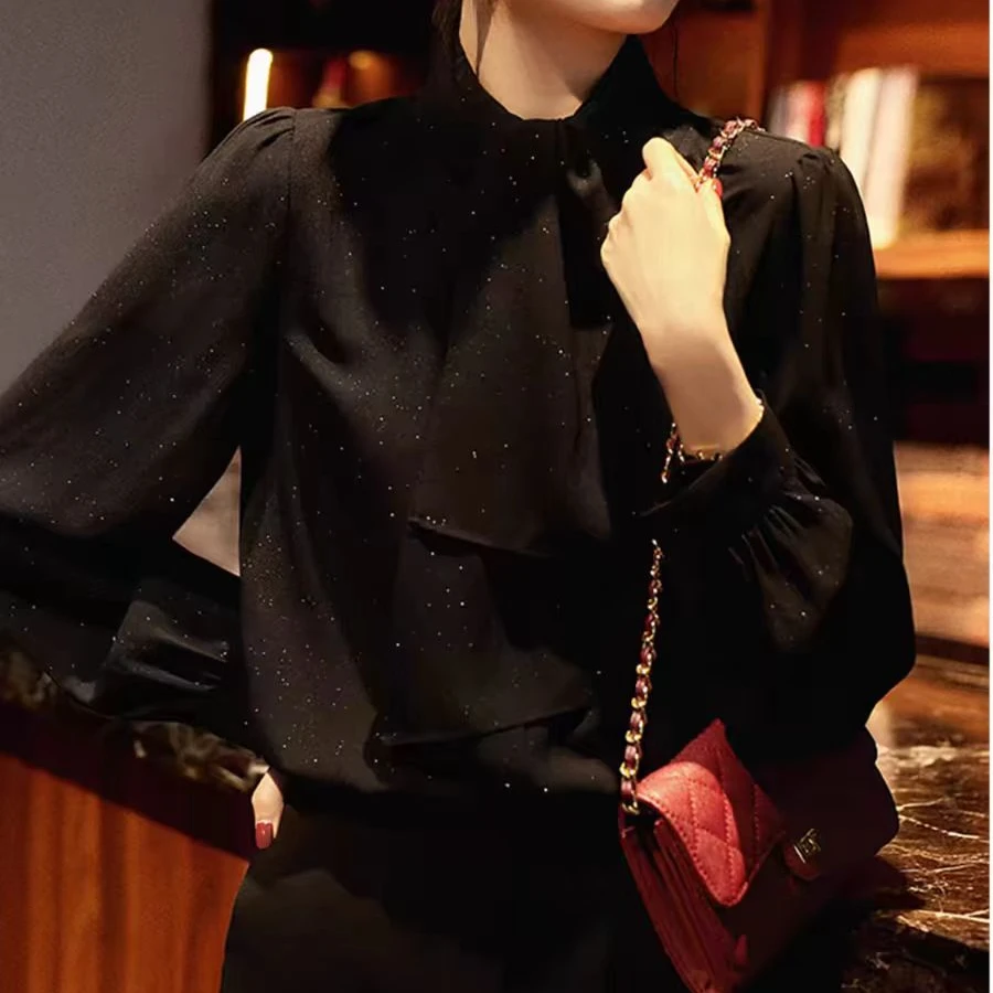CS1233小香风气质长袖法式轻奢时尚黑色繁星设计感蝴蝶结飘带衬衫