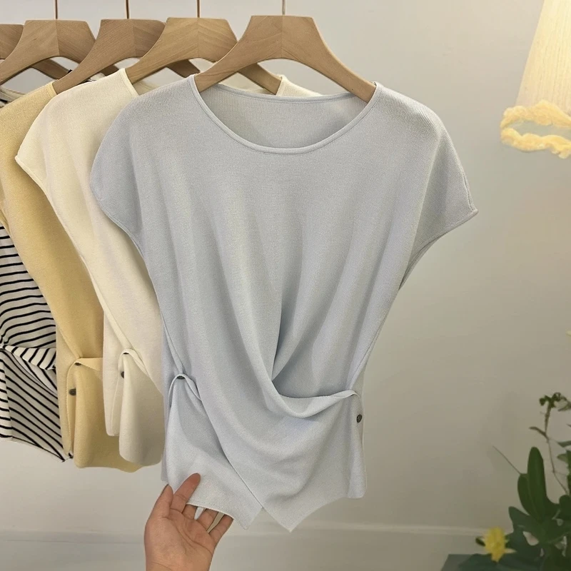 夏法式交叉设计感短袖针织衫圆领显瘦不规则系扣收腰纯色夏季111