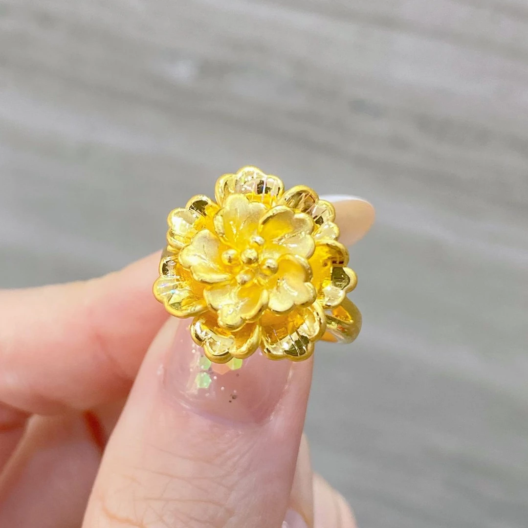 牡丹花金花有钱花黄金戒指5D工艺足金999人间富贵花简约多退少补