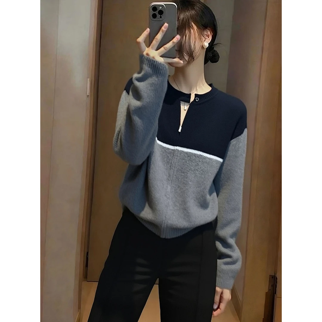 简约撞色针织衫舒适长袖毛衣2025冬季休闲上衣设计感高端时尚显瘦