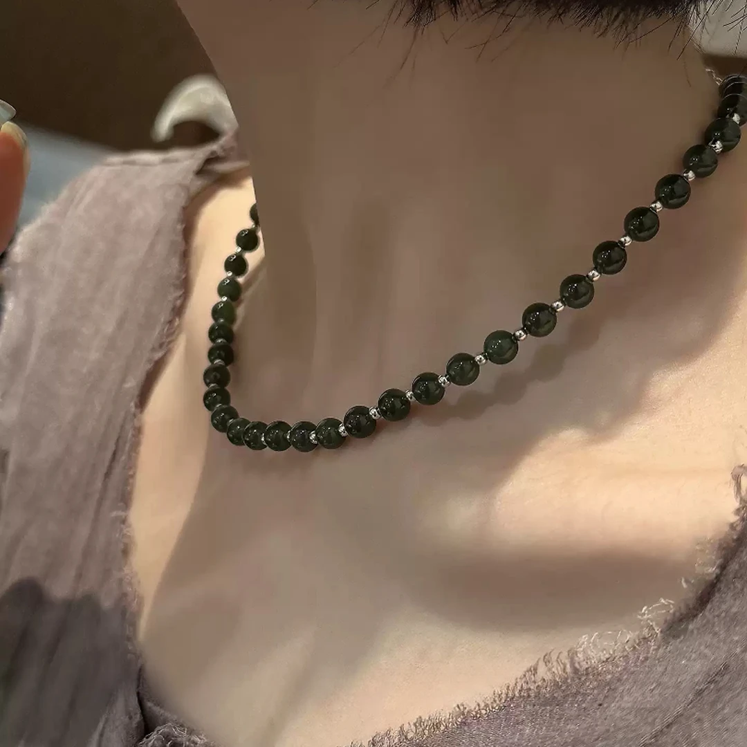 N18287<非晚>s925银碧玉圆珠银珠项链多样性发