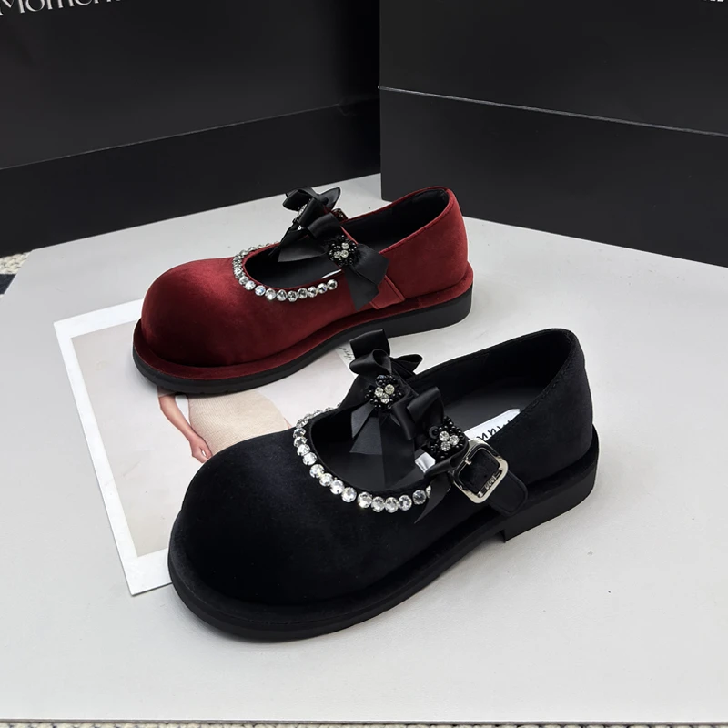 9020-16复古玛丽珍单鞋女浅口春新款平底晚晚鞋大头水钻小皮鞋