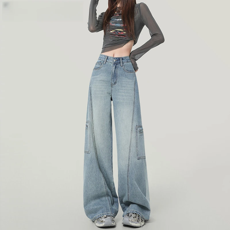 美式阔腿工装牛仔裤女款2025春秋新款高街夏天宽松高腰直筒拖地裤