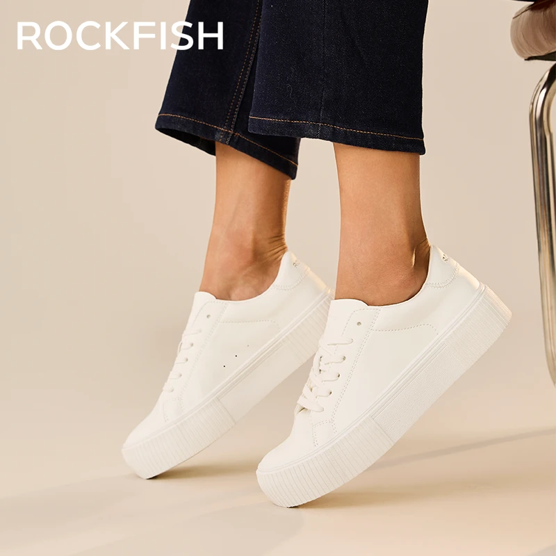 Rockfish【明星同款】不怕湿771厚底皮面小白鞋推荐增高软糯云感