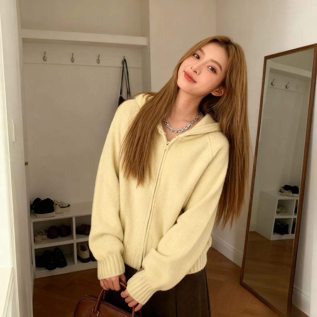 大码胖mm连帽开衫毛衣女款2025新款秋冬季慵懒风短款针织外套上衣