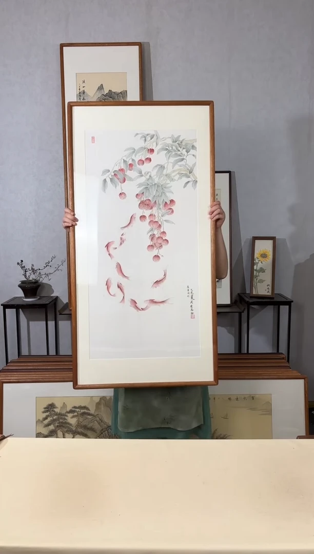 国画手绘*万事顺利（九鱼图）*62*122cm带框发货