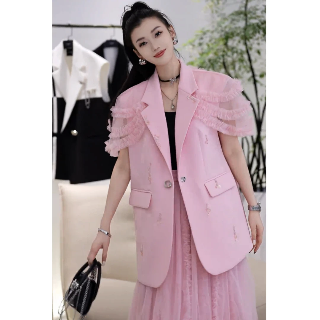 2025年夏季新款设计感超好看小众拼接网纱中长款马甲外套半身裙女