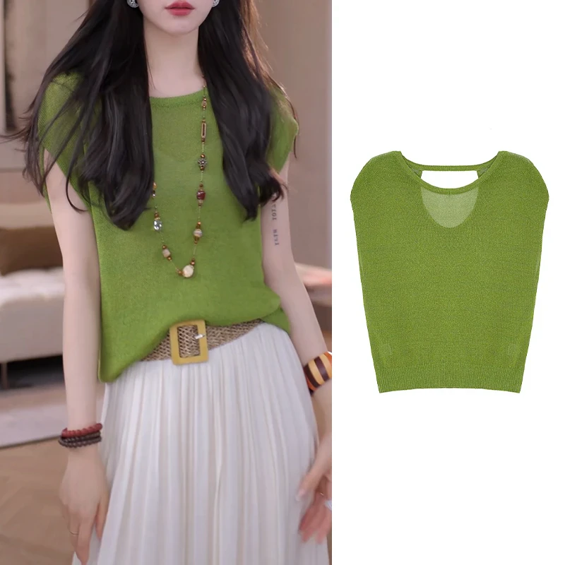 夏季宽松洋气纯色短袖针织衫2025新款时尚圆领设计高级休闲上衣