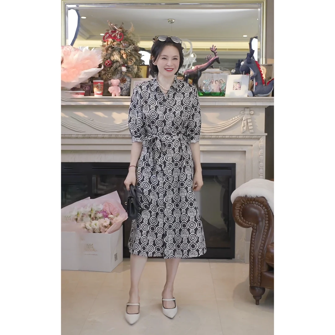 我是摩羯 MM印花裙 6A级19mm100真丝斜纹绸衬衫领夏连衣裙