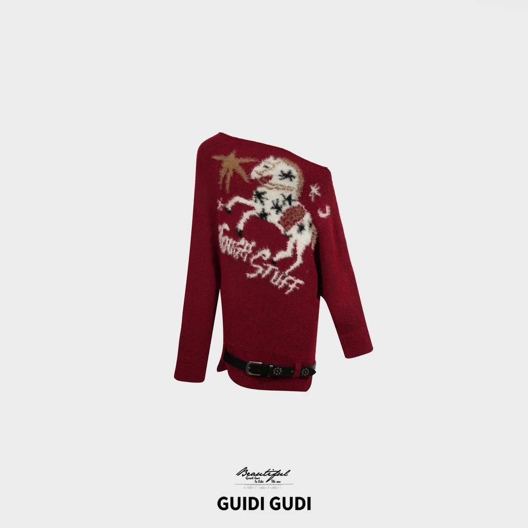 GUIDI GUDI【马踏飞燕】秋冬斜肩氛围感休闲毛衣/黄加蓝