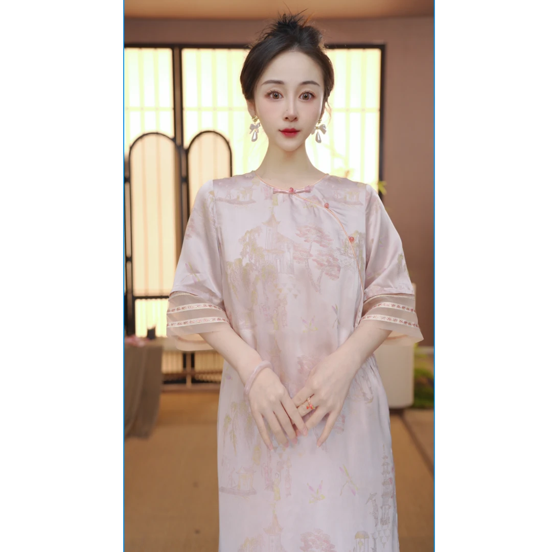 （半盏江南）连衣裙改良中式斜襟春夏季女装宽松连衣裙FB2501205