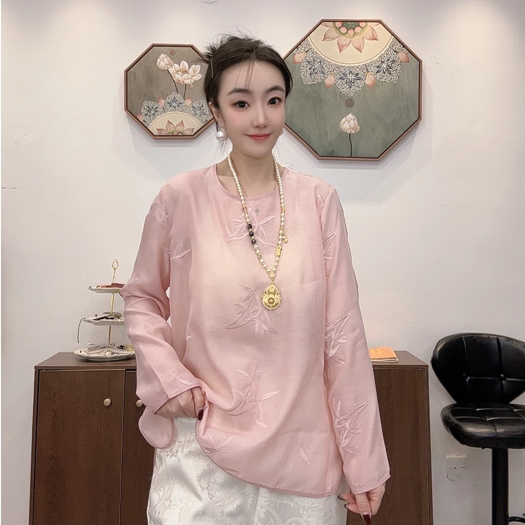 新中式早春圆领新款春夏节节高升刺绣衬衫长袖宽松